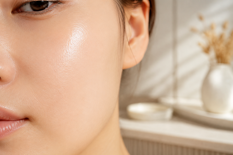 Close-up of calm dewy cheek skin in warm natural light
