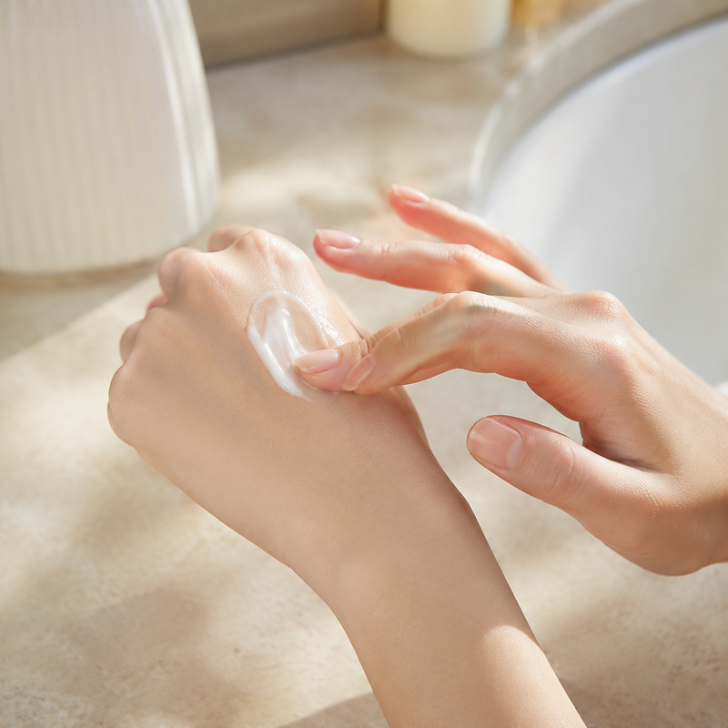 Hand applying a small amount of moisturizer in gentle daylight