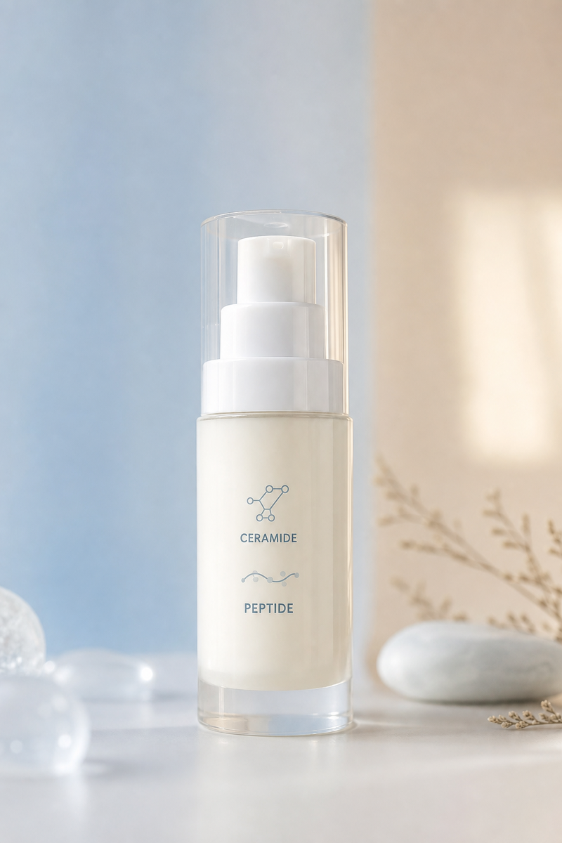 Soft clinical aesthetic with ceramide and peptide skincare products — representing the core ingredients needed for skin barrier repair