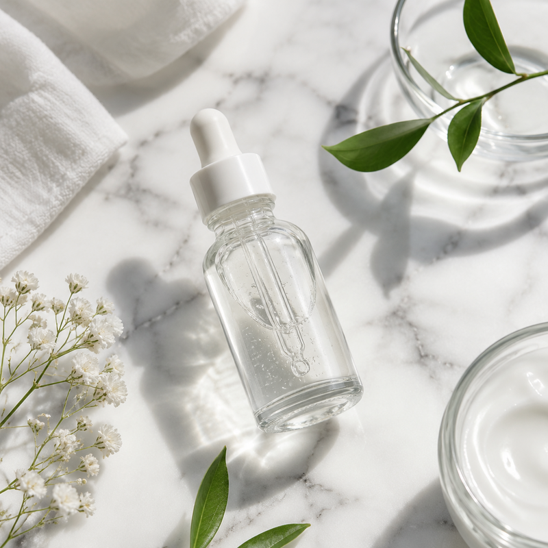 Minimalist glass serum dropper bottle with clean skincare aesthetic — choosing the right serum formula matters for acne-prone skin