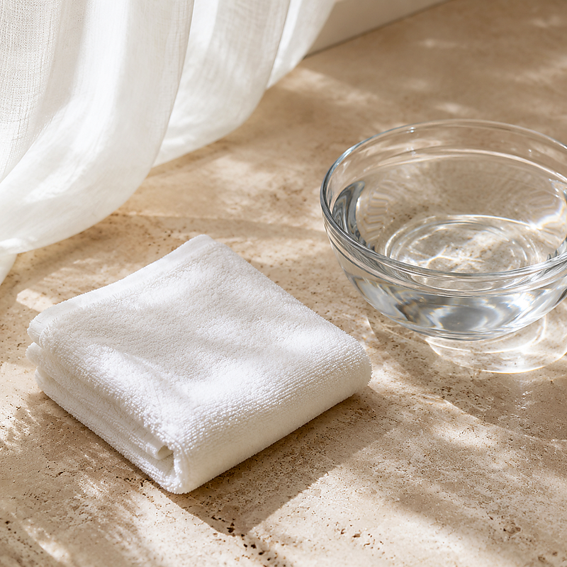 Soft washcloth and clear water bowl for a gentle cleansing ritual